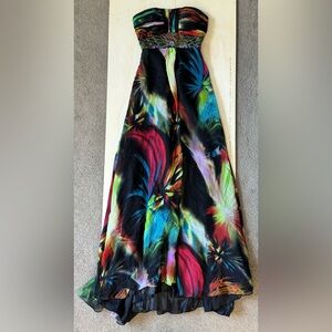 VTG Neblon USA Vibrant Abstract Strapless Maxi Gown Gemstone Beaded Waist XS